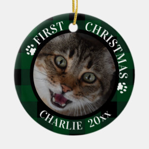 Kat Eerste Kerstmis 2-foto groen en zwart speldenb Keramisch Ornament