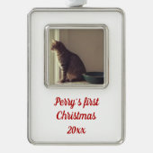 Kat Eerste Kerstmis Verzilverd Kader Ornament (Voorkant)