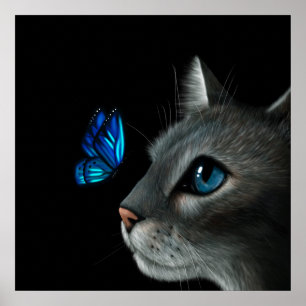 Kat en blauwe vlinder poster