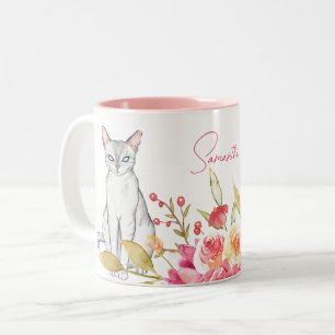 Kat en bloemen Aangepaste roze en wit Tweekleurige Koffiemok