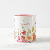 Kat en bloemen Aangepaste roze en wit Tweekleurige Koffiemok (Center)