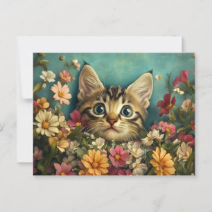 Kat en bloemen briefkaart