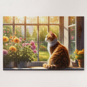 Kat en bloemen in een zonnig raam legpuzzel