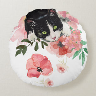 Kat en bloemen Rond Sierkussen (16 inch) Kussen