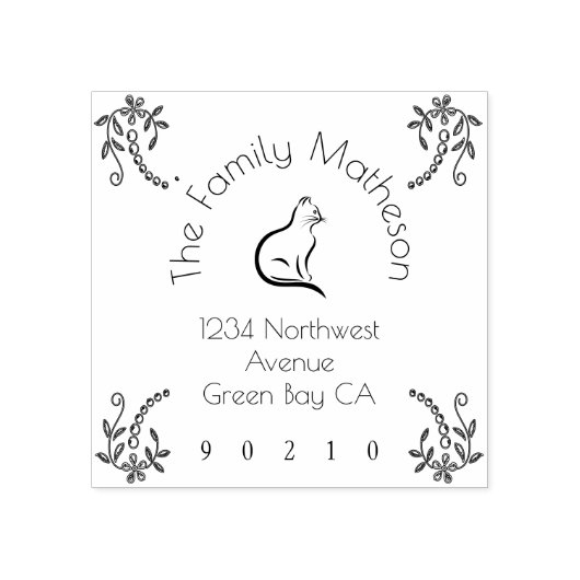 Kat en bloemen 	rubberstempel (Afrduk)