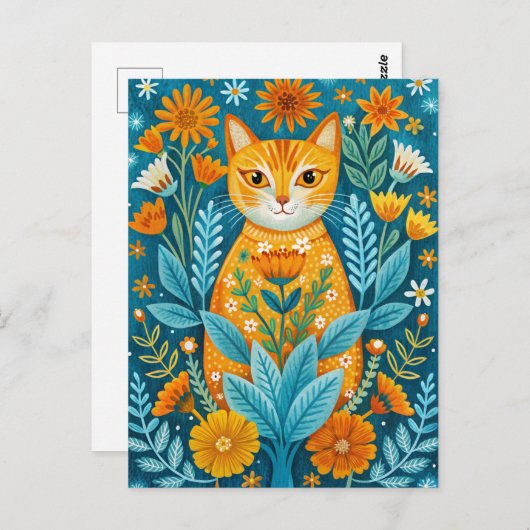 Kat en bloemen volkskunst stijl sinaasappel en bla briefkaart (Voorkant / Achterkant)