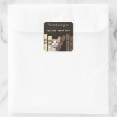 Kat en boeken naam vierkante sticker (Tas)