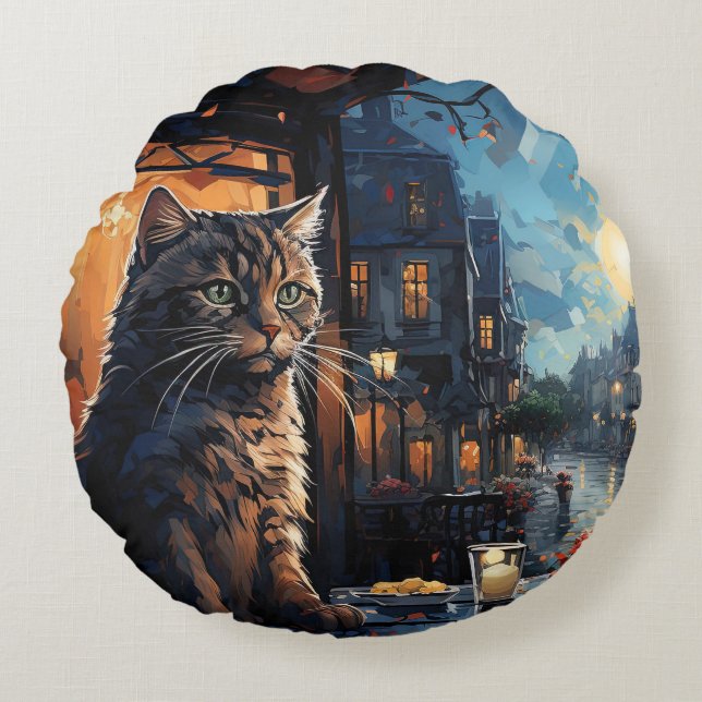Kat en café bij nacht rond kussen (Voorkant)