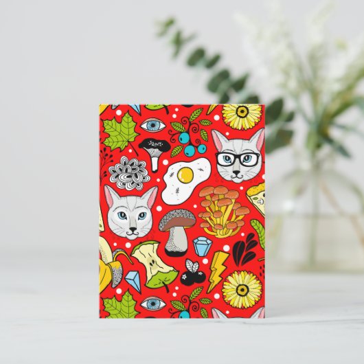 Kat en ei op rood informatiekaartje (Staand voorkant)