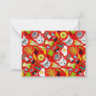 Kat en ei op rood notitiekaartje