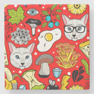 Kat en ei op rood stenen onderzetter