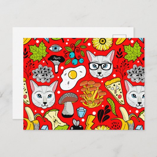 Kat en ei op rood uitnodiging briefkaart (Voorkant / Achterkant)