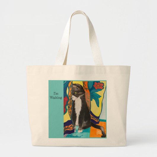 Kat en geborduurde gordijnen grote tote bag (Voorkant)