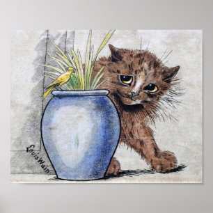 Kat en geel kleine vogel, Louis Wain Poster