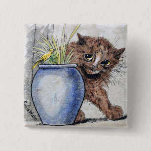 Kat en geel kleine vogel, Louis Wain Vierkante Button 5,1 Cm