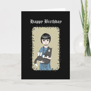 Kat en Gothic Meisje Creepy Dark Art Happy Birthda Kaart