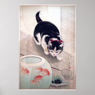  kat en goudvis kom Japanse kunst Poster
