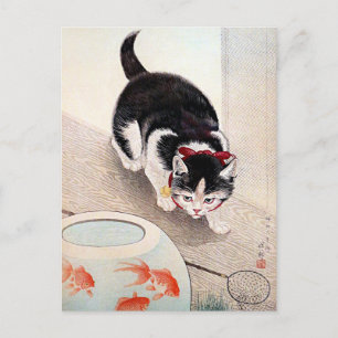 Kat en goudvissenkom kunstwerk, briefkaart