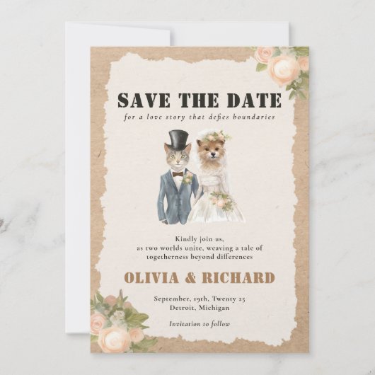 Kat en Hond Bruiloft Save the Date Uitnodiging (Voorkant)