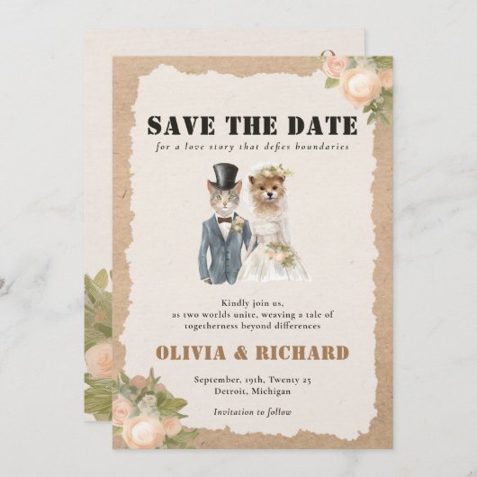 Kat en Hond Bruiloft Save the Date Uitnodiging (Voorkant / Achterkant)