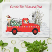 Kat en hond Geëtst de kerstboom Theedoek (Gevouwen)