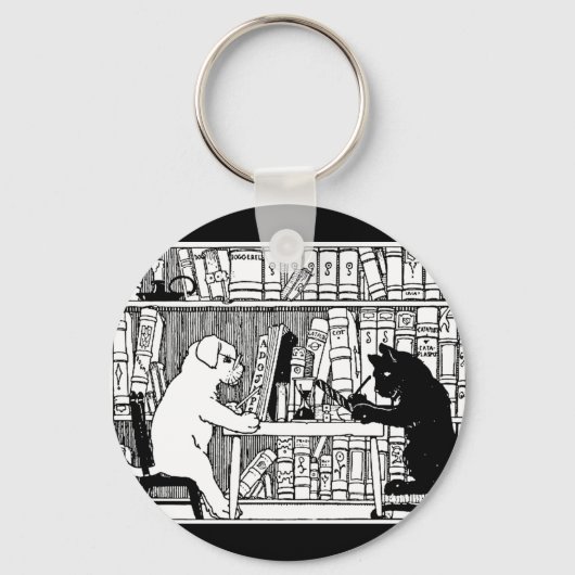 Kat en hond in de bibliotheek sleutelhanger (Voorkant)