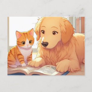Kat en hond lezen van een boek briefkaart