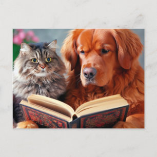 Kat en hond lezen van een boek briefkaart