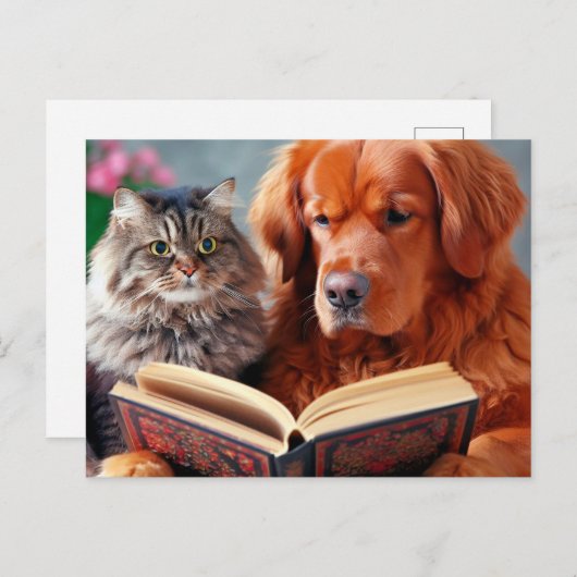 Kat en hond lezen van een boek briefkaart (Voorkant / Achterkant)