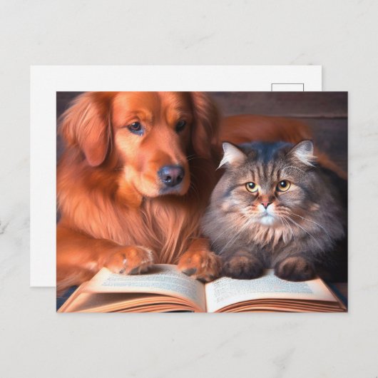 Kat en hond lezen van een boek briefkaart (Voorkant / Achterkant)