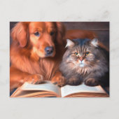 Kat en hond lezen van een boek briefkaart (Voorkant)