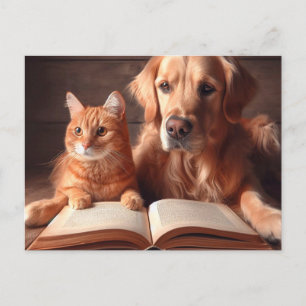 Kat en hond lezen van een boek briefkaart