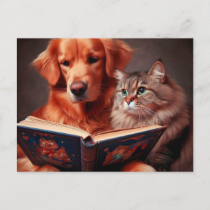 Kat en hond lezen van een boek briefkaart
