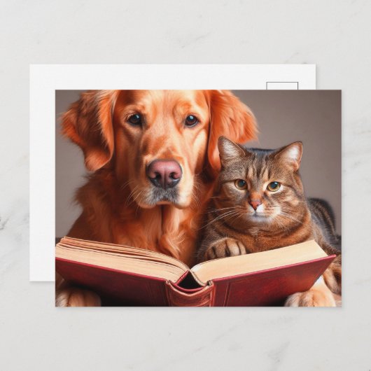 Kat en hond lezen van een boek briefkaart (Voorkant / Achterkant)