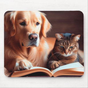 Kat en hond lezen van een boek muismat