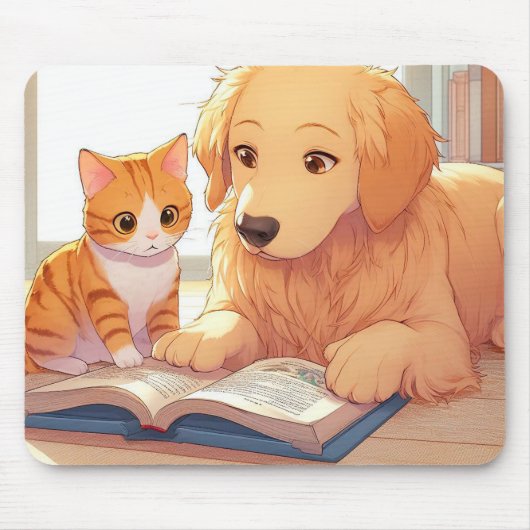 Kat en hond lezen van een boek muismat (Voorkant)