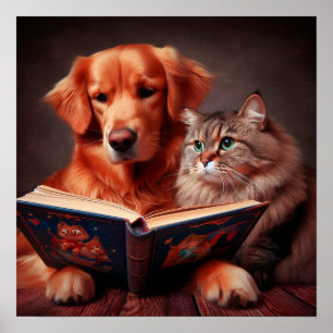 Kat en hond lezen van een boek poster