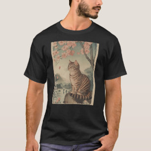 Kat en Kersenbloesem boom Japanse Houtblok KUNST T-shirt