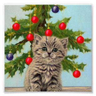 kat en kerstboom foto afdruk