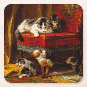 Kat en Kittens spelen met voorzitter Vierkante Kartonnen Onderzetter