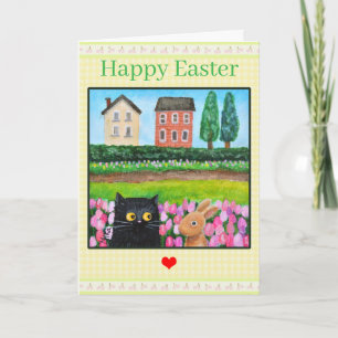 Kat en Konijn tussen Tulpen Mooie Lente Landschap Kaart