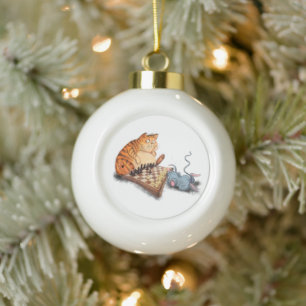 Kat en muis die schaafschaafschotel afschilderen F Keramische Bal Ornament