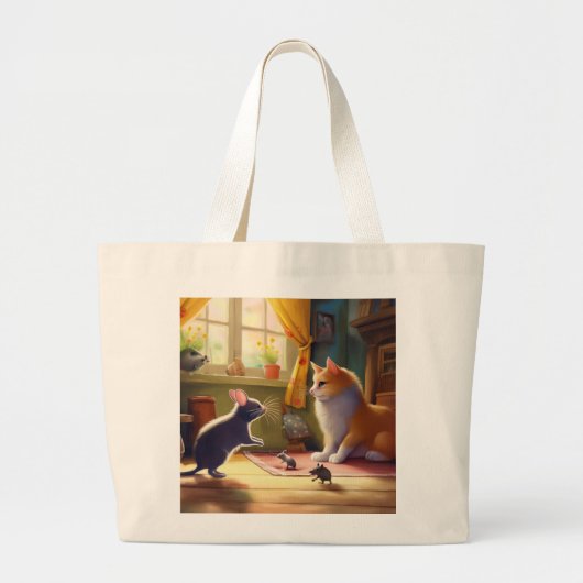 Kat en muis vriendschap - speelse ontmoeting grote tote bag (Voorkant)