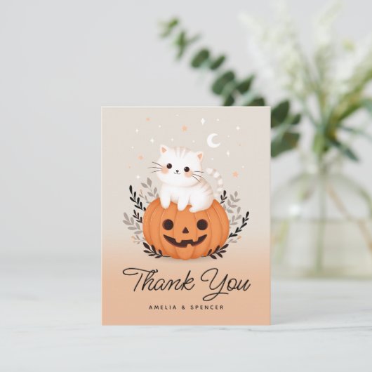 Kat en pompoen Baby shower dank u kaart (Staand voorkant)