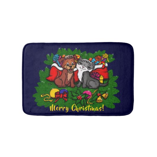 Kat en puppy, Happy XMas Badmat (Voorkant)