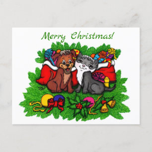 Kat en puppy, Happy XMas Feestdagenkaart
