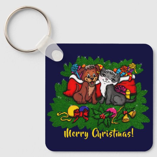 Kat en puppy, Happy XMas Sleutelhanger (Voorkant)