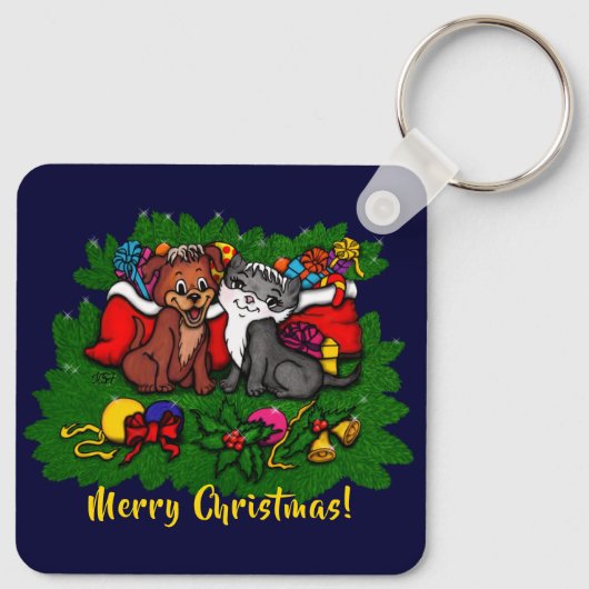 Kat en puppy, Happy XMas Sleutelhanger (Achterkant)