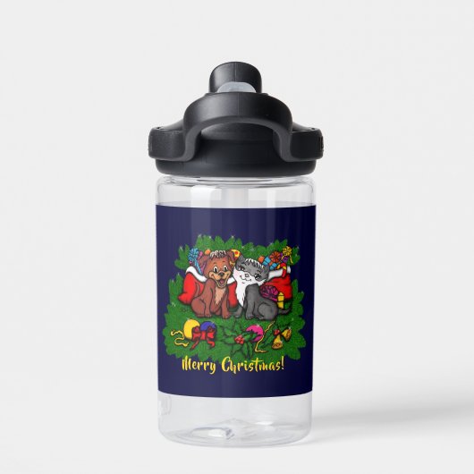 Kat en puppy, Happy XMas Waterfles (Achterkant)