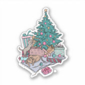 Kat en puppy kerstboom eenvoudige minimalist sticker (Voorkant)